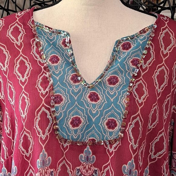 Lane Bryant Size 18/20 Sheer Tunic Top Dark Pink/Blue Sequin Embellishment - Picture 2 of 10